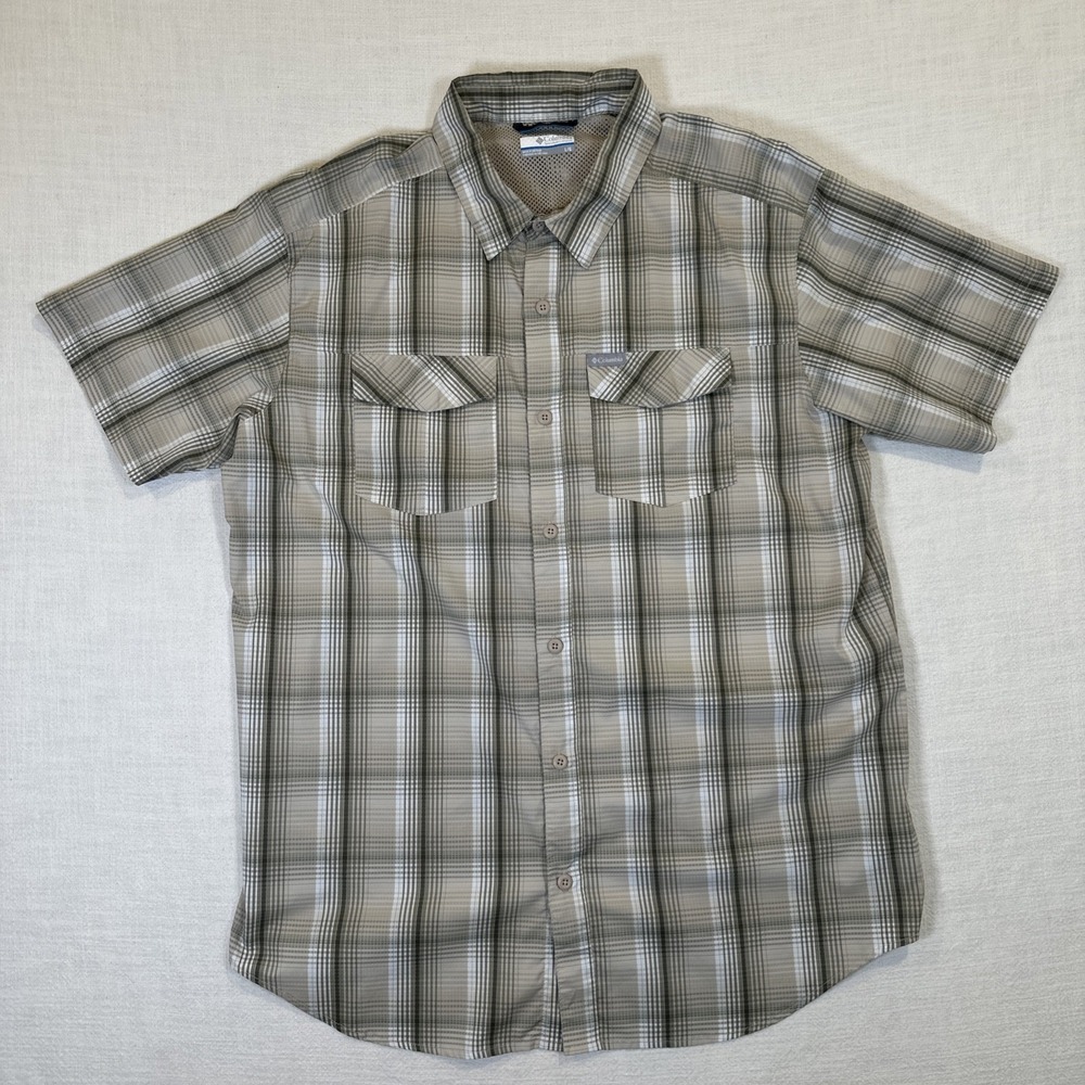 Columbia Men Shirt Short Sleeve Sports Button Green Plaid Vent Fishing Hiking